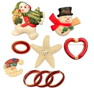 Christmas brooch set with snowman, starfish, heart, and ring brooch
